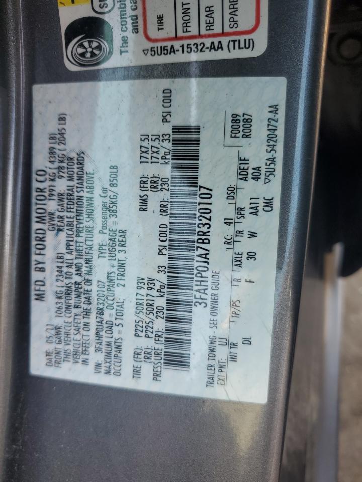 2011 Ford Fusion Sel VIN: 3FAHP0JA7BR320107 Lot: 81738065