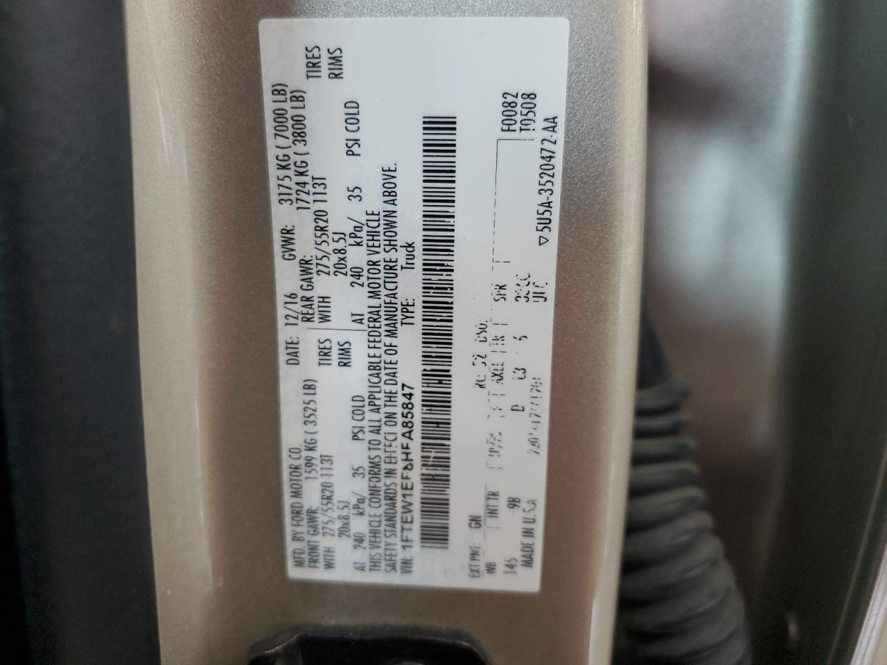 2017 Ford F150 Supercrew VIN: 1FTEW1EF8HFA85847 Lot: 80546105