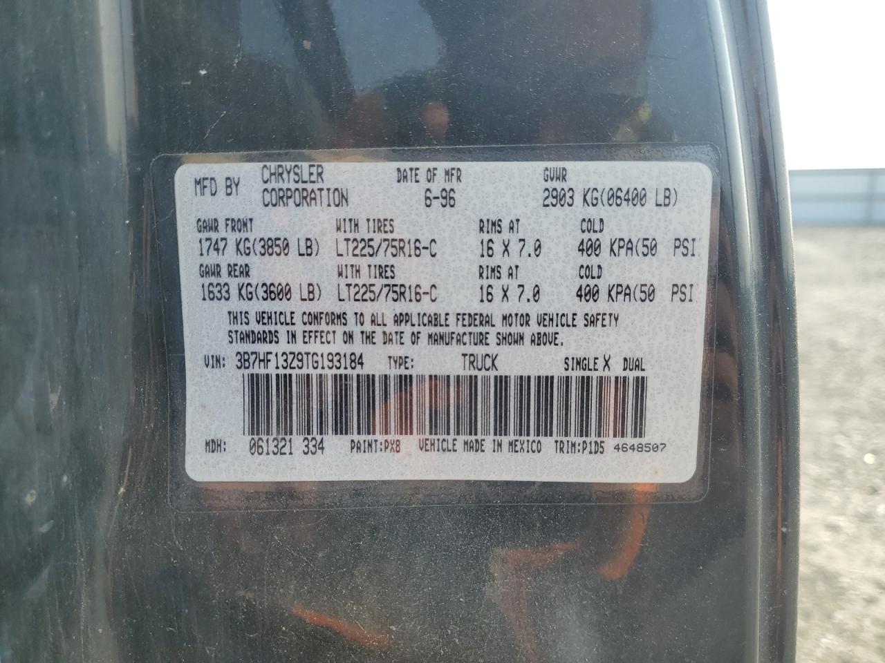 1996 Dodge Ram 1500 VIN: 3B7HF13Z9TG193184 Lot: 71360165