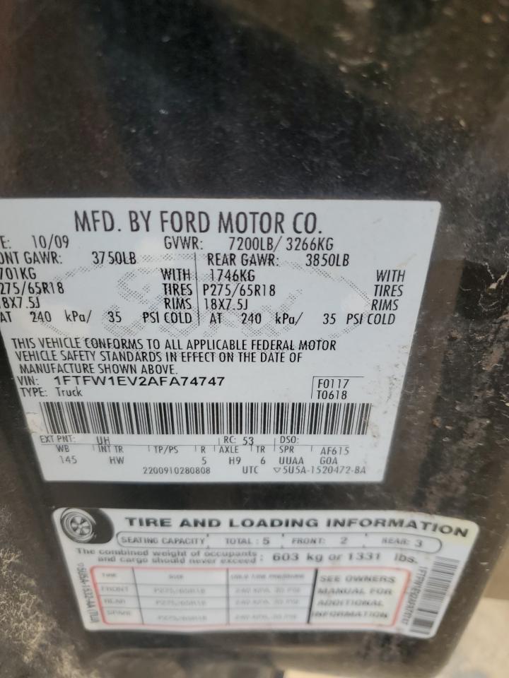 2010 Ford F150 Supercrew VIN: 1FTFW1EV2AFA74747 Lot: 70899065