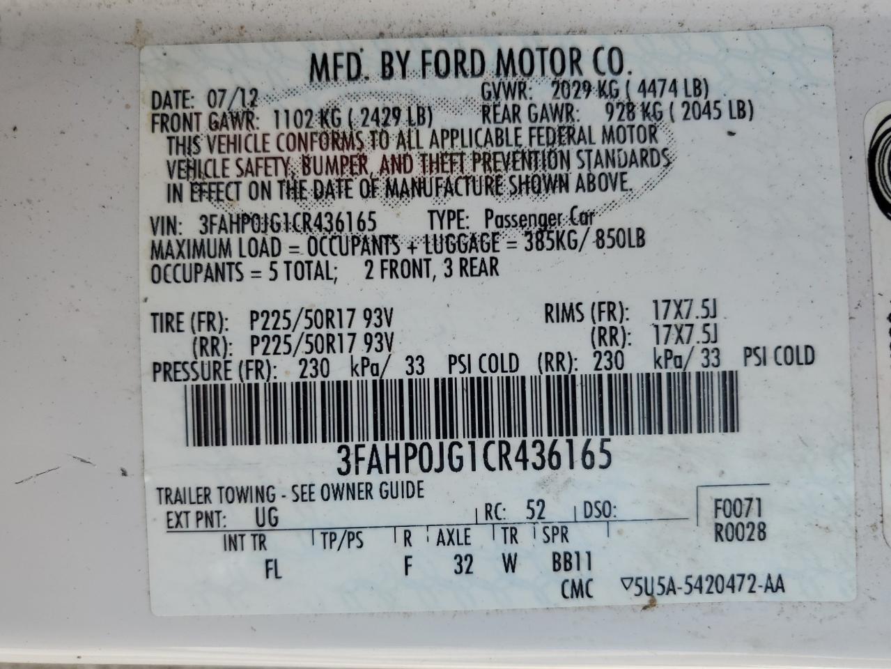2012 Ford Fusion Sel VIN: 3FAHP0JG1CR436165 Lot: 84377925