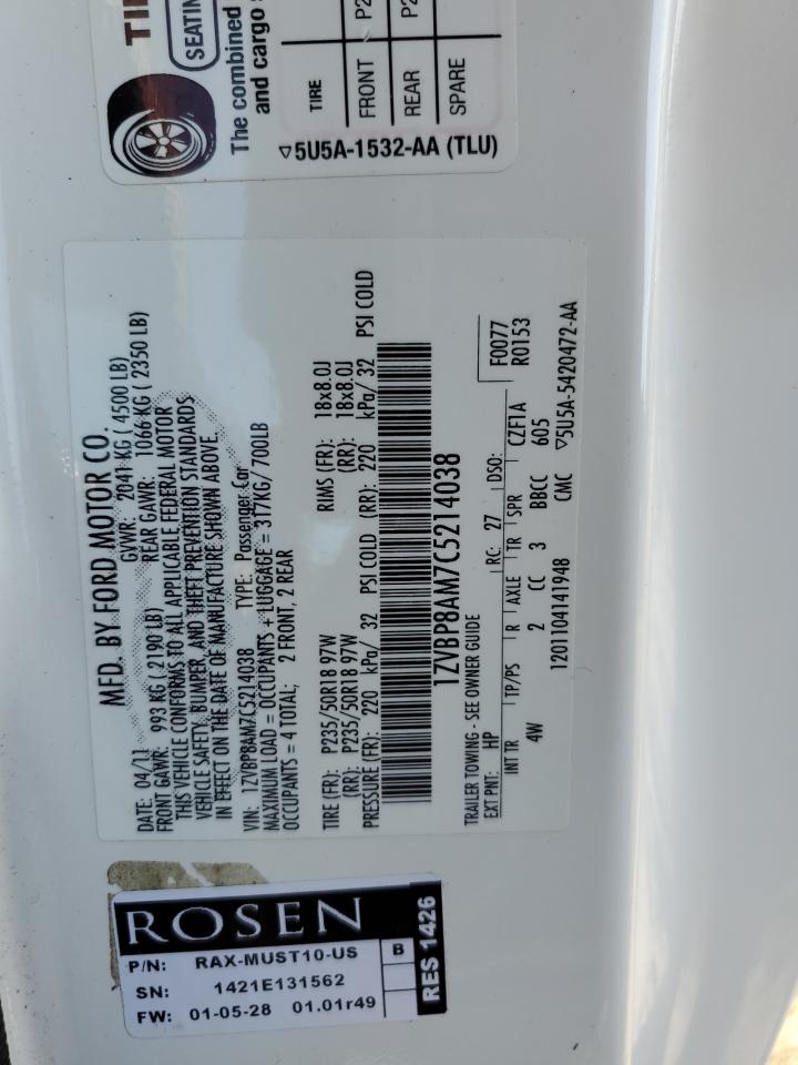 2012 Ford Mustang VIN: 1ZVBP8AM7C5214038 Lot: 81490345