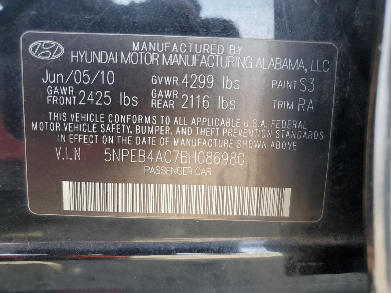 2011 Hyundai Sonata Gls VIN: 5NPEB4AC7BH086980 Lot: 82075865