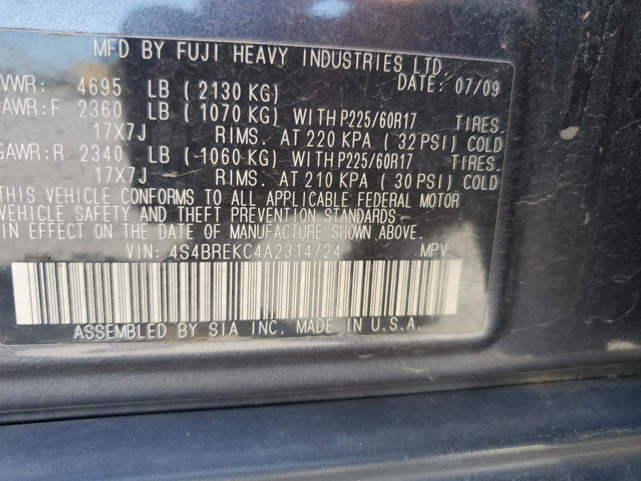 2010 Subaru Outback 3.6R Limited VIN: 4S4BREKC4A2314724 Lot: 72048165