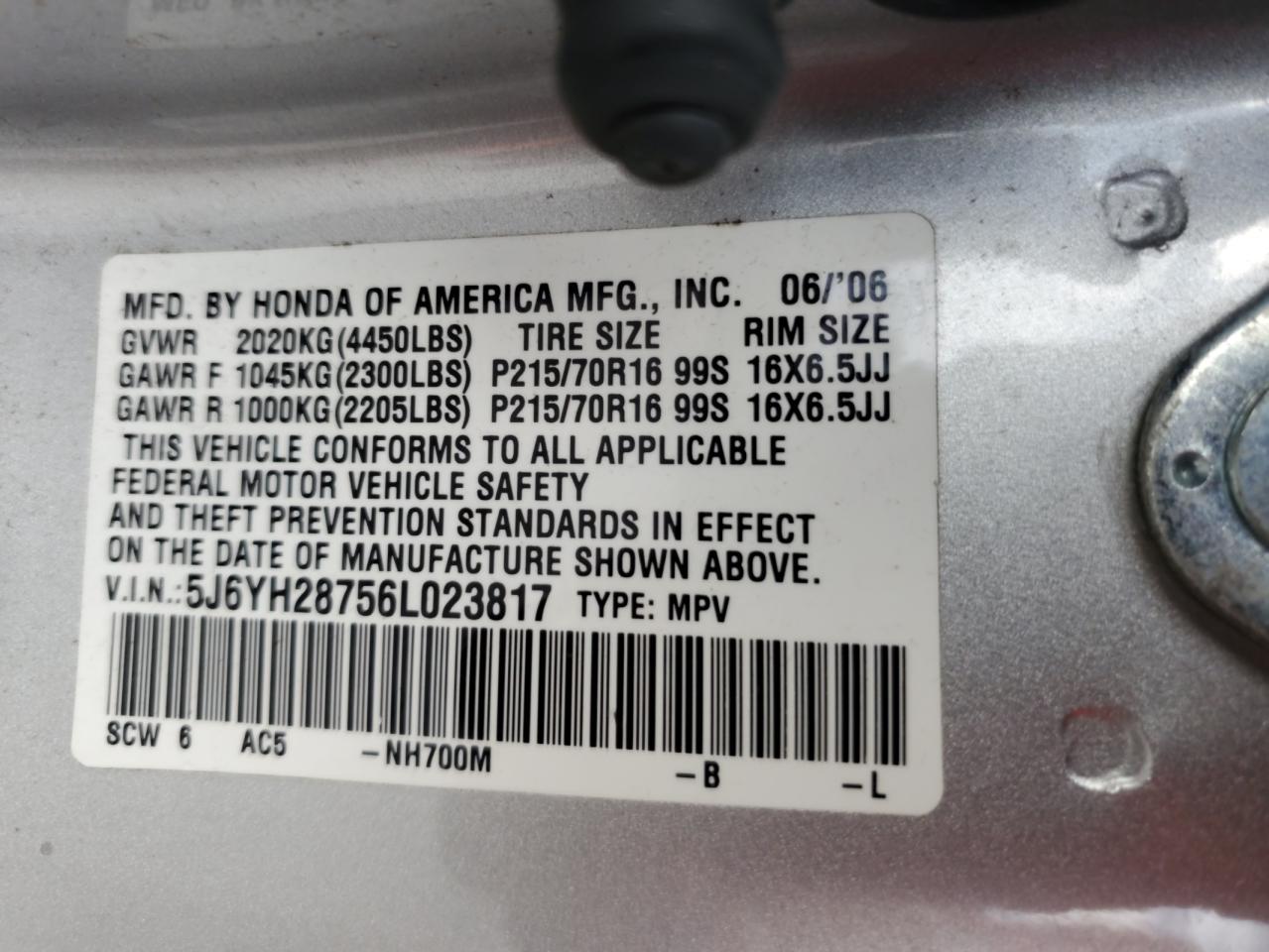 2006 Honda Element Ex VIN: 5J6YH28756L023817 Lot: 81623425