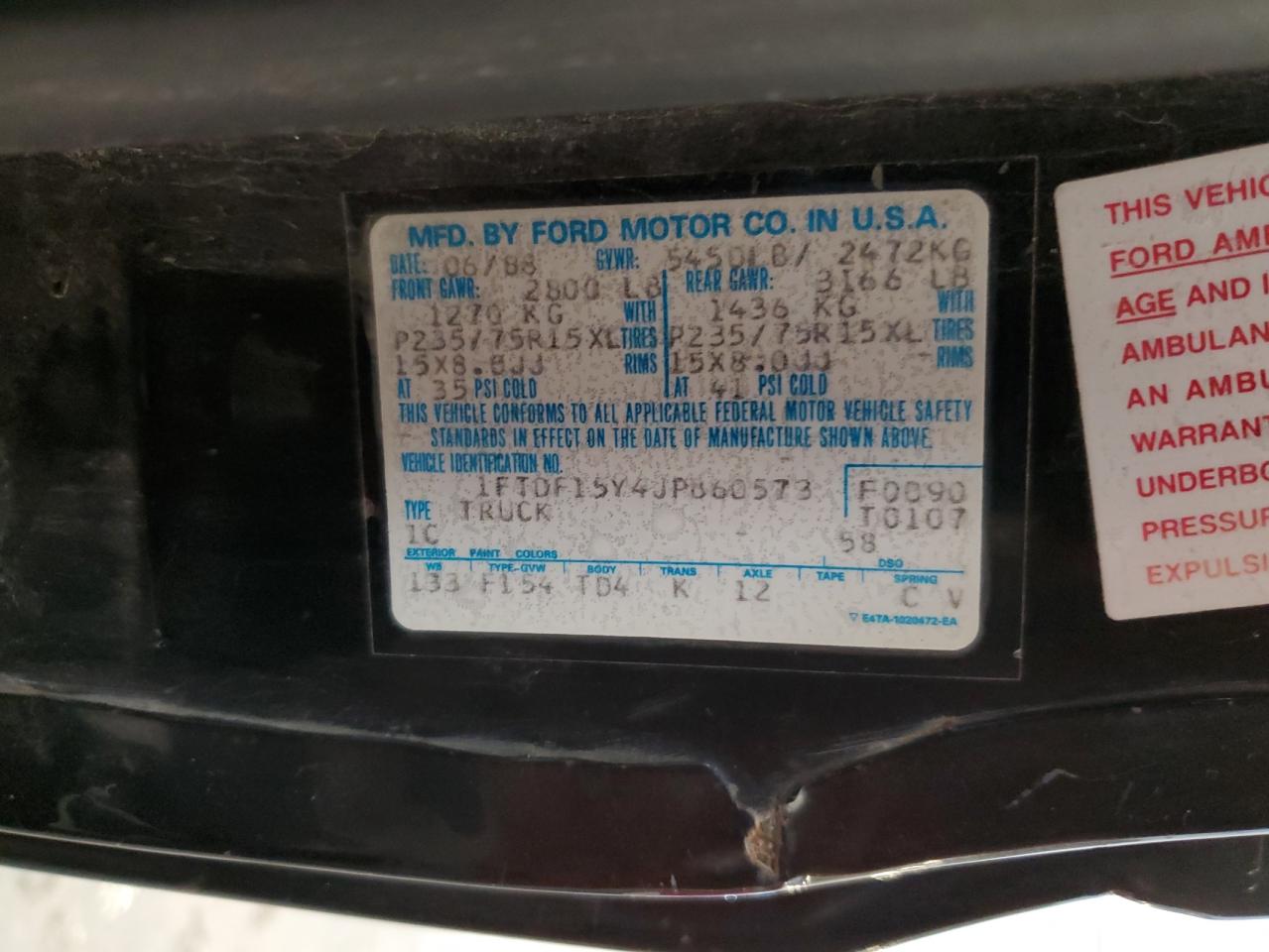 1988 Ford F150 VIN: 1FTDF15Y4JPB60573 Lot: 81645785