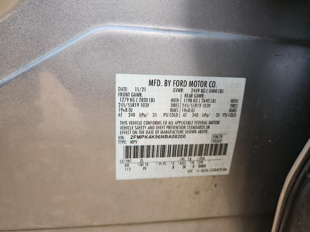 2022 Ford Edge Titanium VIN: 2FMPK4K96NBA08200 Lot: 81091445