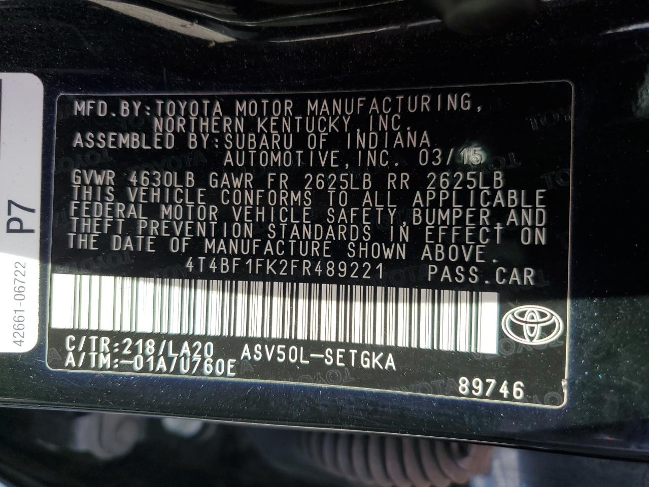 2015 Toyota Camry VIN: 4T4BF1FK2FR489221 Lot: 81891965