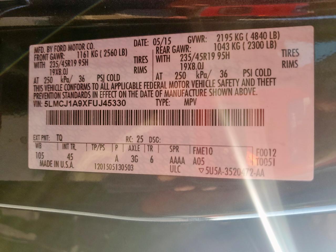 2015 Lincoln Mkc VIN: 5LMCJ1A9XFUJ45330 Lot: 81133745