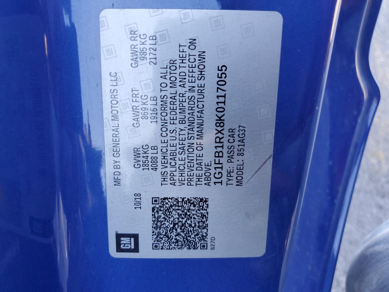 2019 Chevrolet Camaro Ls VIN: 1G1FB1RX8K0117055 Lot: 80590735