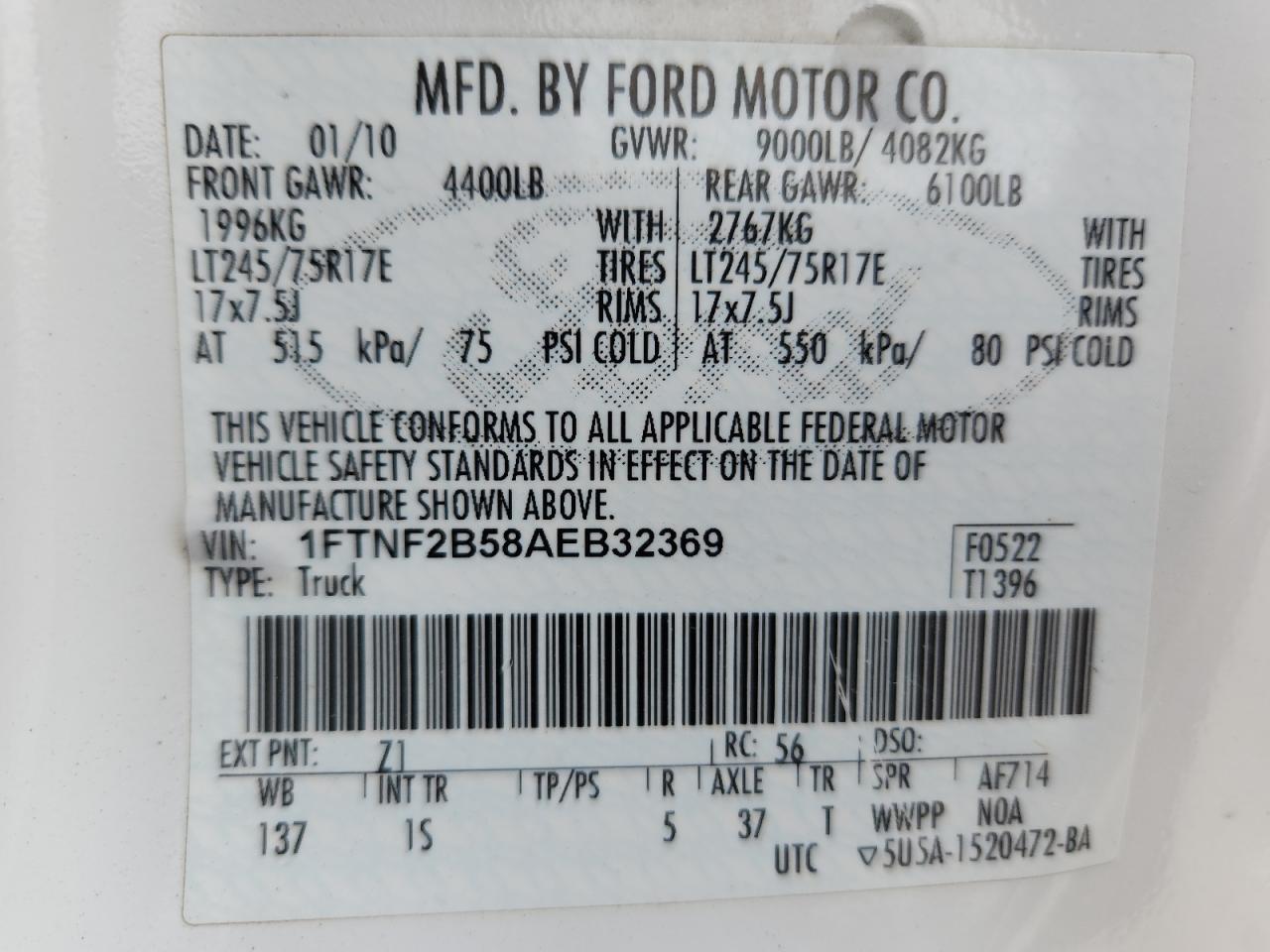 2010 Ford F250 Super Duty VIN: 1FTNF2B58AEB32369 Lot: 81491485