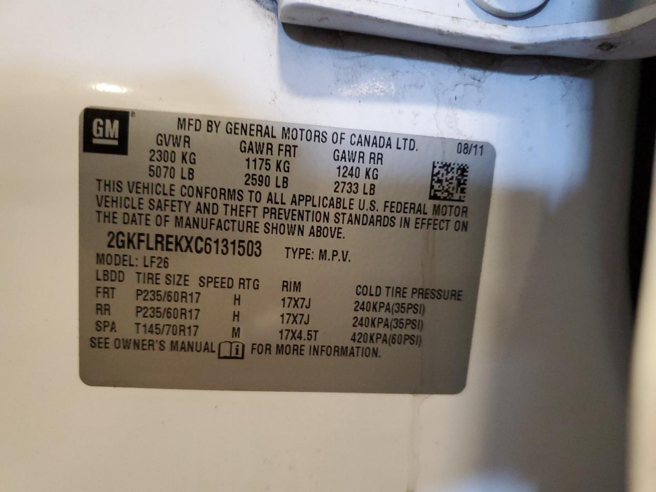 2012 GMC Terrain Sle VIN: 2GKFLREKXC6131503 Lot: 81123665