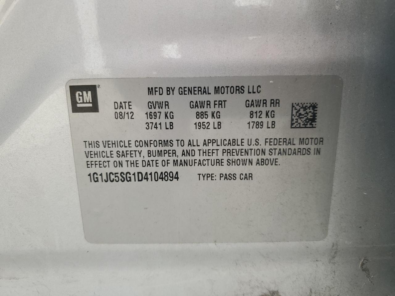 2013 Chevrolet Sonic Lt VIN: 1G1JC5SG1D4104894 Lot: 81385895