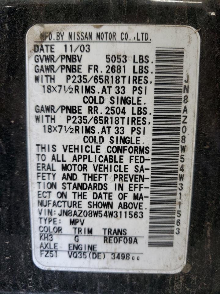 2004 Nissan Murano Sl VIN: JN8AZ08W54W311563 Lot: 70838235