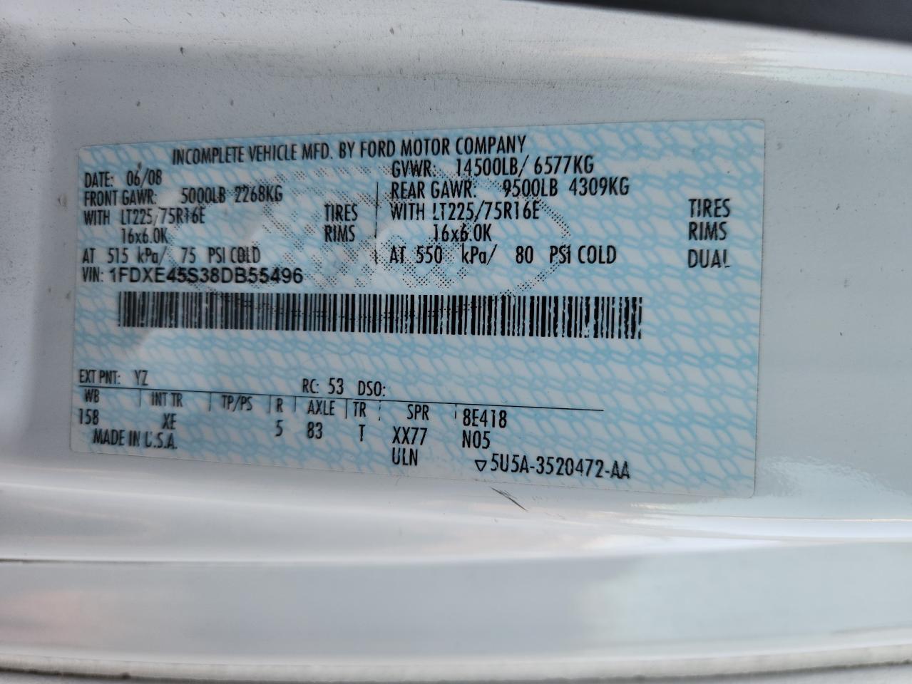 2008 Ford Econoline E450 Super Duty Cutaway Van VIN: 1FDXE45S38DB55496 Lot: 82143255