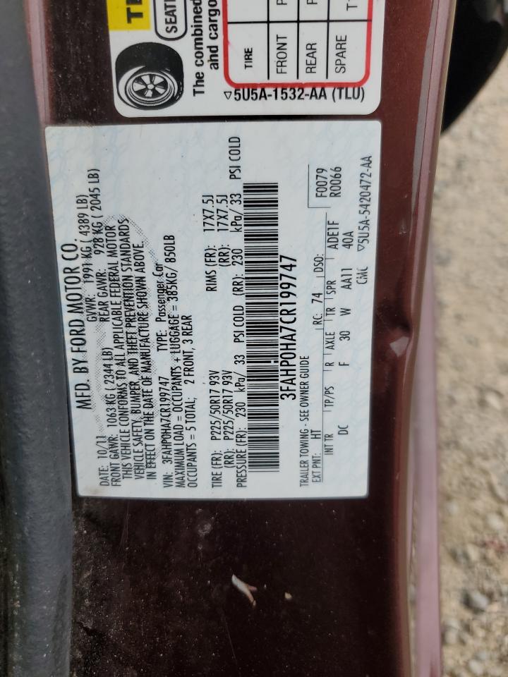 2012 Ford Fusion Se VIN: 3FAHP0HA7CR199747 Lot: 72049855