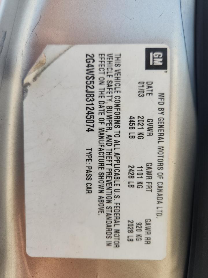 2003 Buick Century Custom VIN: 2G4WS52J831245074 Lot: 80828325