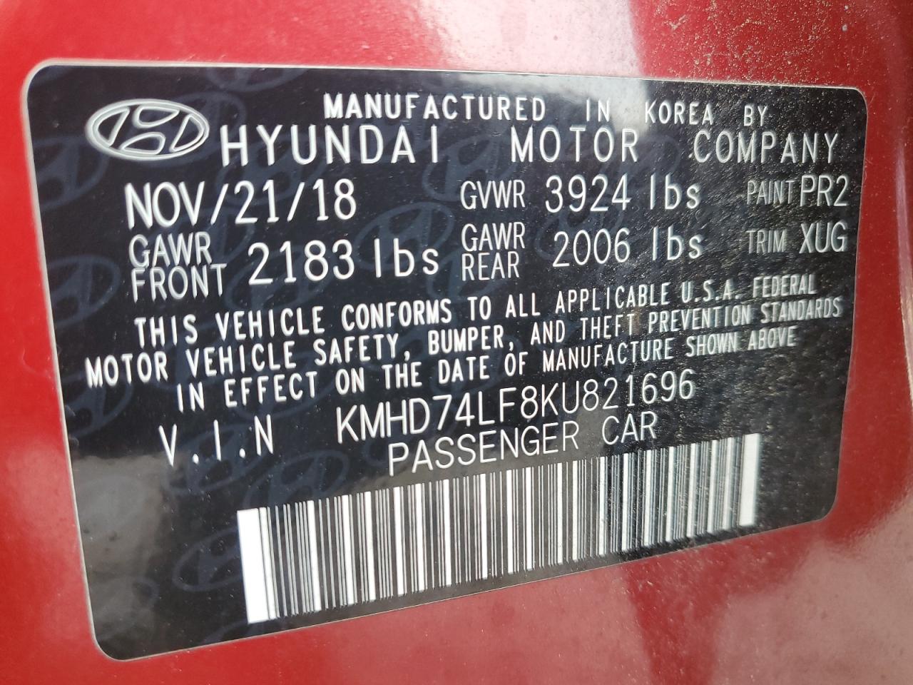 2019 Hyundai Elantra Se VIN: KMHD74LF8KU821696 Lot: 84440365