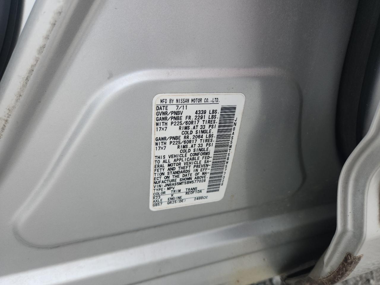 2011 Nissan Rogue S VIN: JN8AS5MT5BW577028 Lot: 80941735