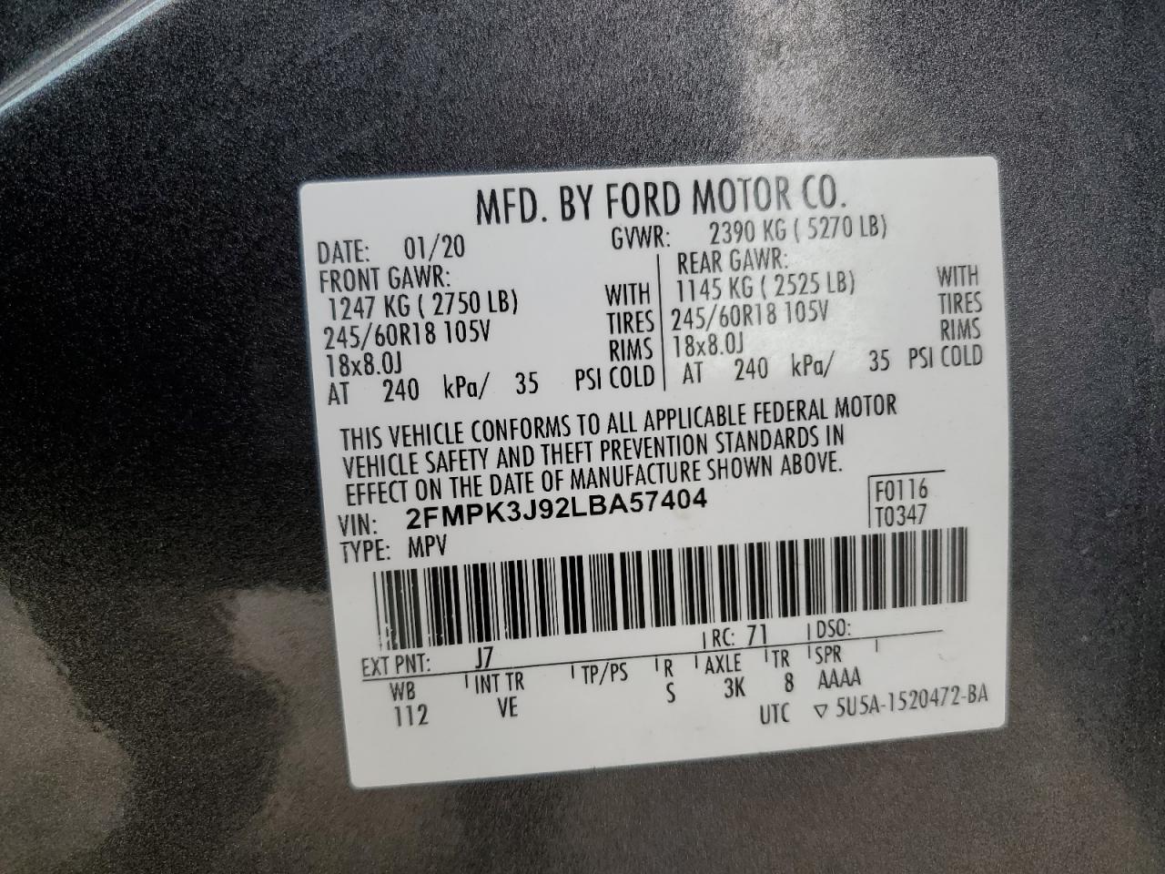 2020 Ford Edge Sel VIN: 2FMPK3J92LBA57404 Lot: 80474035