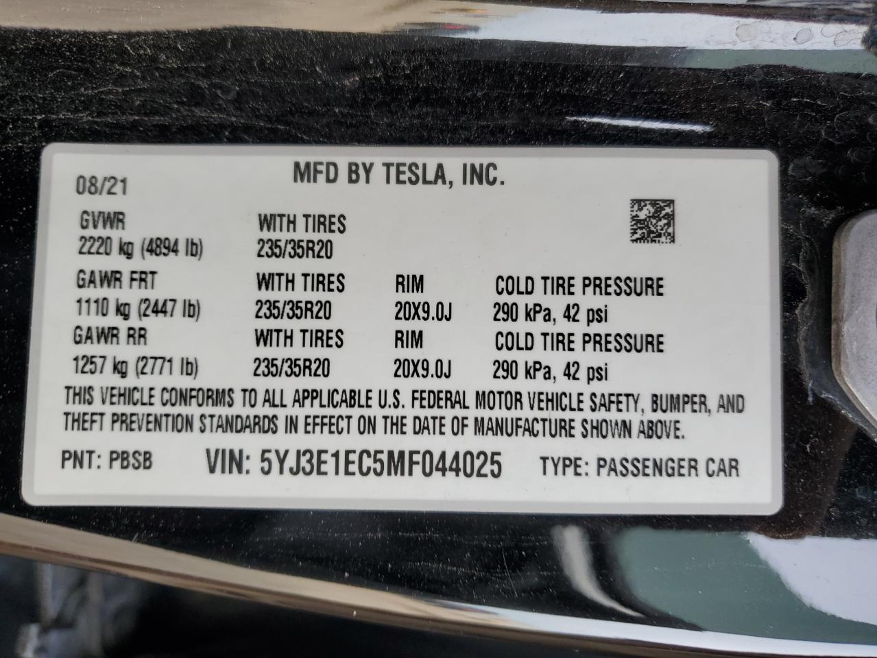 2021 Tesla Model 3 VIN: 5YJ3E1EC5MF044025 Lot: 84365395