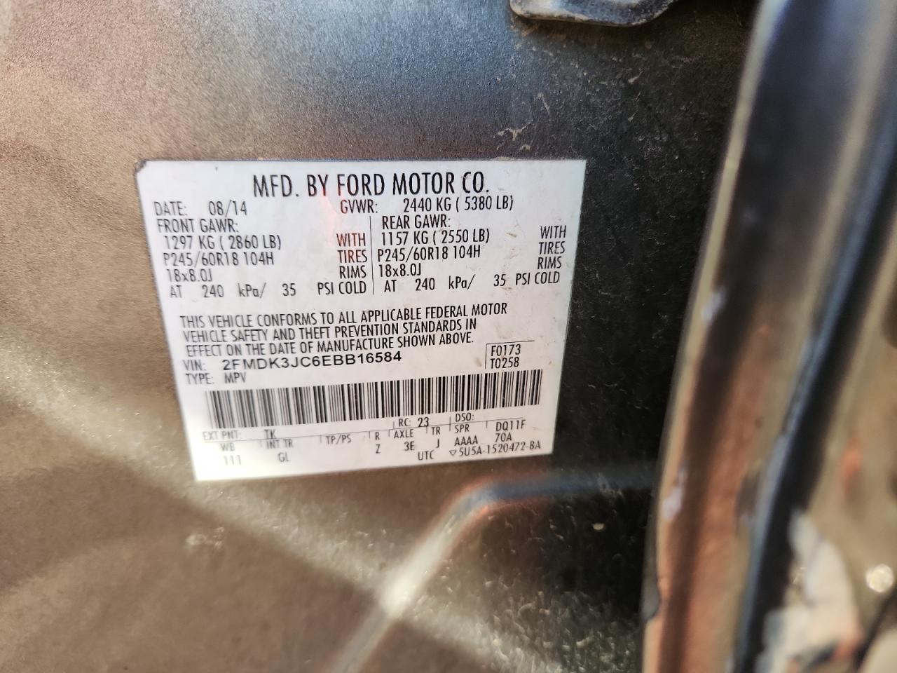 2014 Ford Edge Sel VIN: 2FMDK3JC6EBB16584 Lot: 71854085