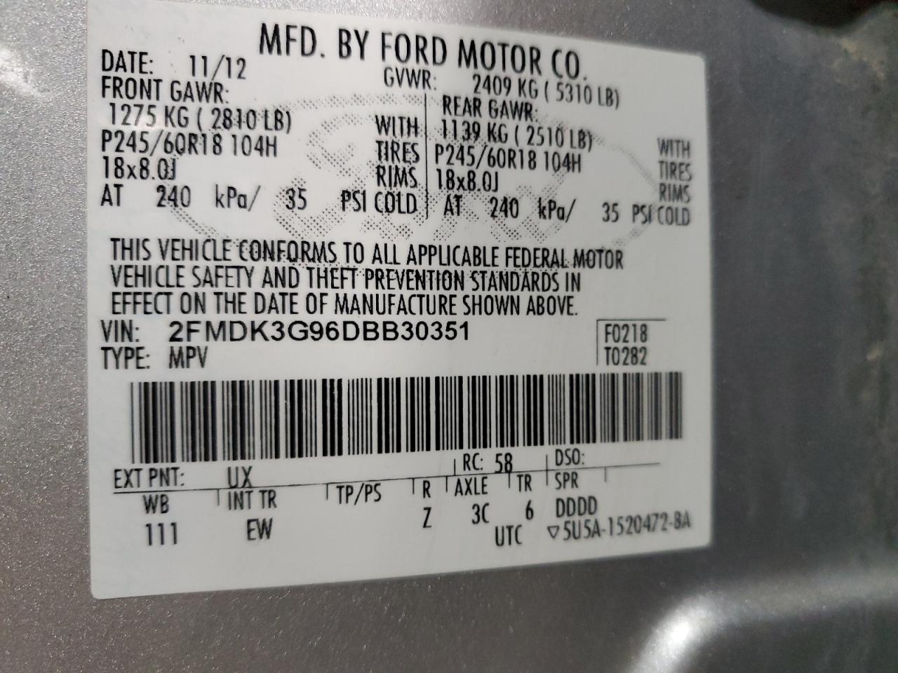 2013 Ford Edge Se VIN: 2FMDK3G96DBB30351 Lot: 71307245