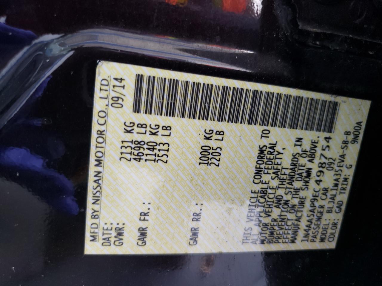 2014 Nissan Maxima S VIN: 1N4AA5AP9EC498754 Lot: 80788215