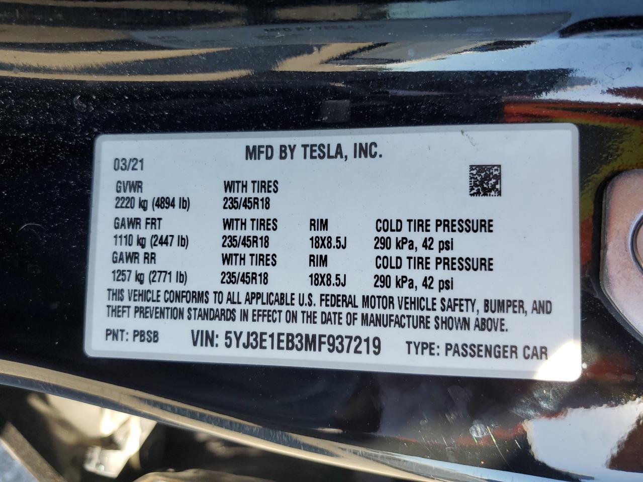 2021 Tesla Model 3 VIN: 5YJ3E1EB3MF937219 Lot: 71104785