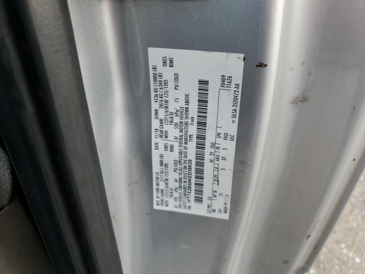 2019 Ford F250 Super Duty VIN: 1FT7X2B60KED38639 Lot: 83937985