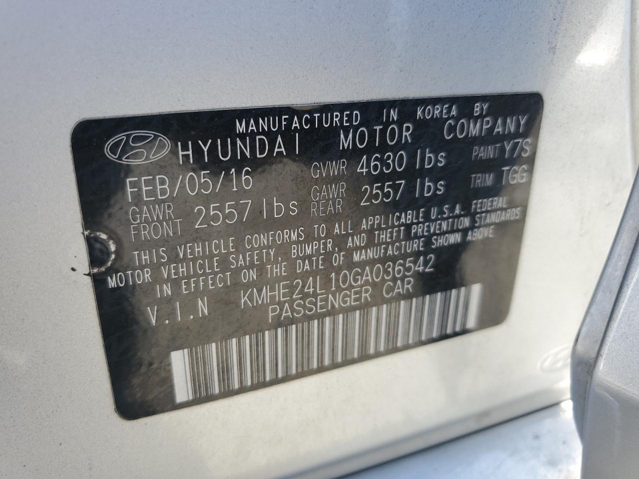2016 Hyundai Sonata Hyb VIN: KMHE24L10GA036542 Lot: 81690755