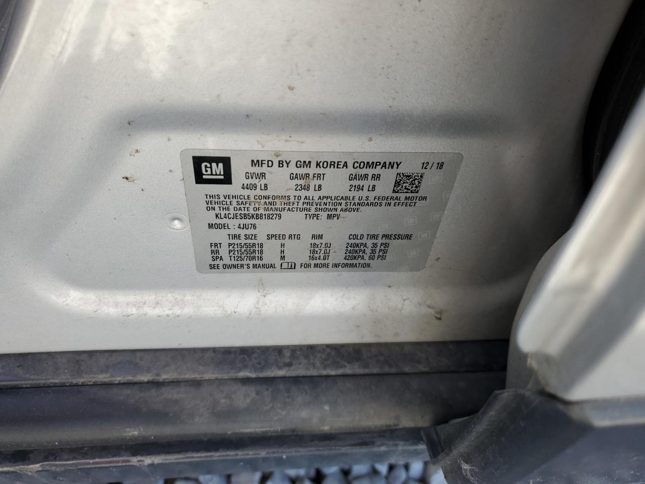 2019 Buick Encore Preferred VIN: KL4CJESB5KB818279 Lot: 80511845