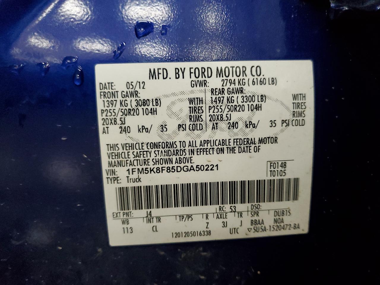 2013 Ford Explorer Limited VIN: 1FM5K8F85DGA50221 Lot: 70818415