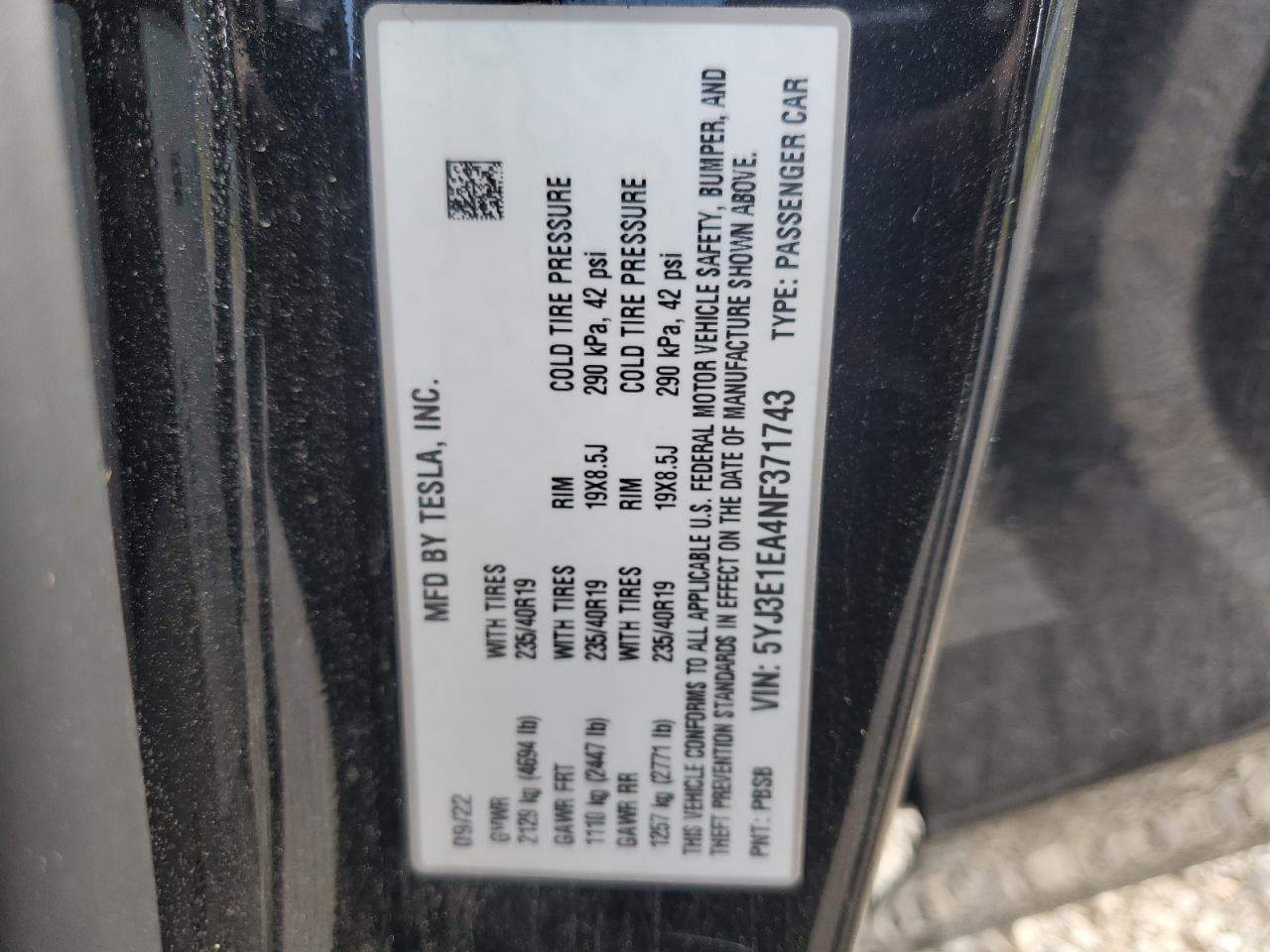 2022 Tesla Model 3 VIN: 5YJ3E1EA4NF371743 Lot: 71681535