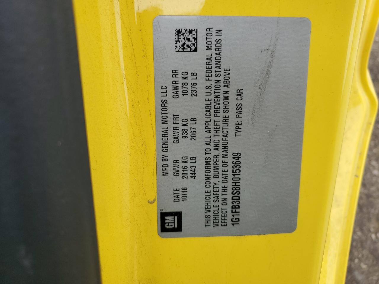 2017 Chevrolet Camaro Lt VIN: 1G1FB3DS8H0153649 Lot: 71796695