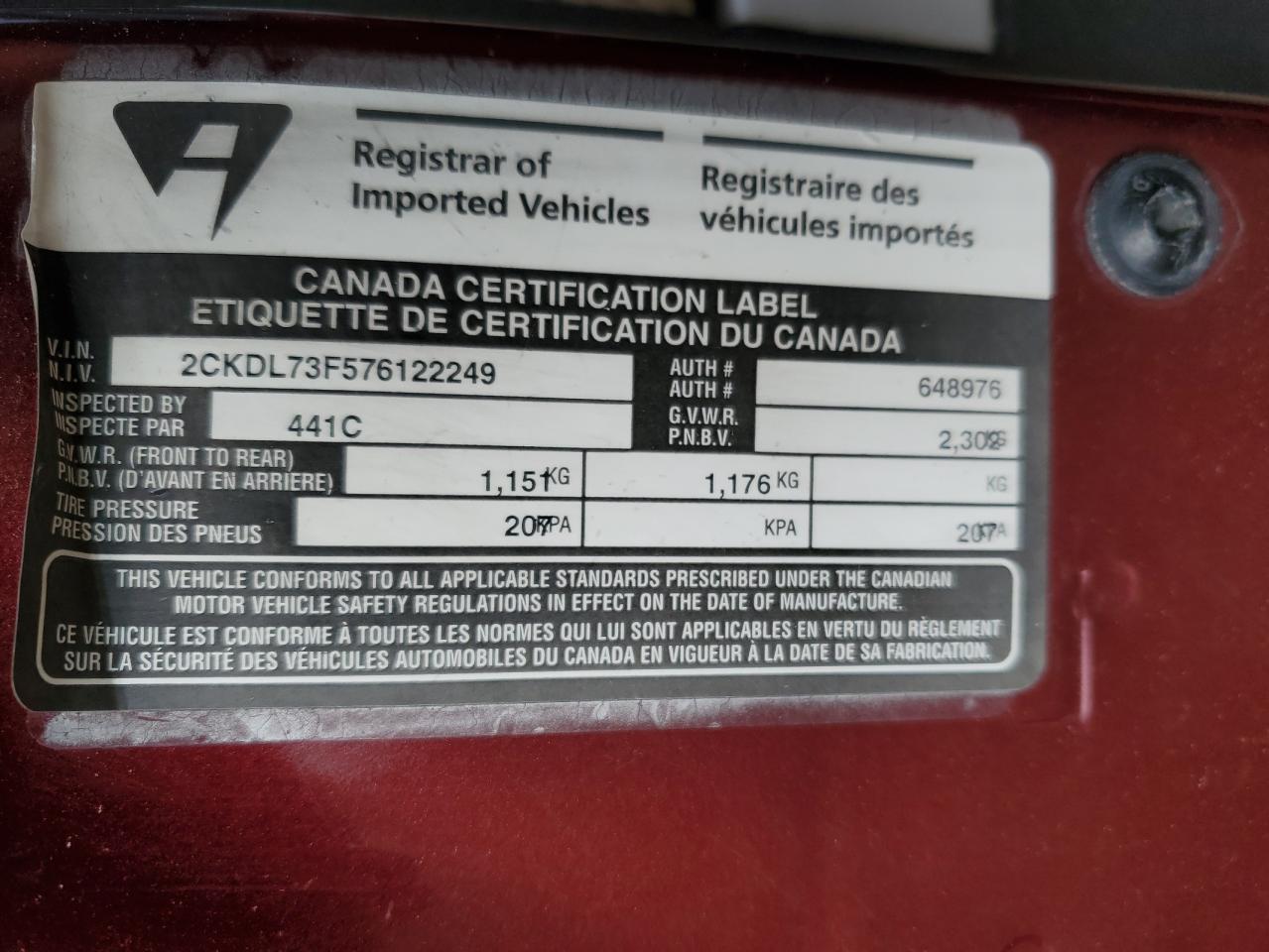 2007 Pontiac Torrent VIN: 2CKDL73F576122249 Lot: 71617275