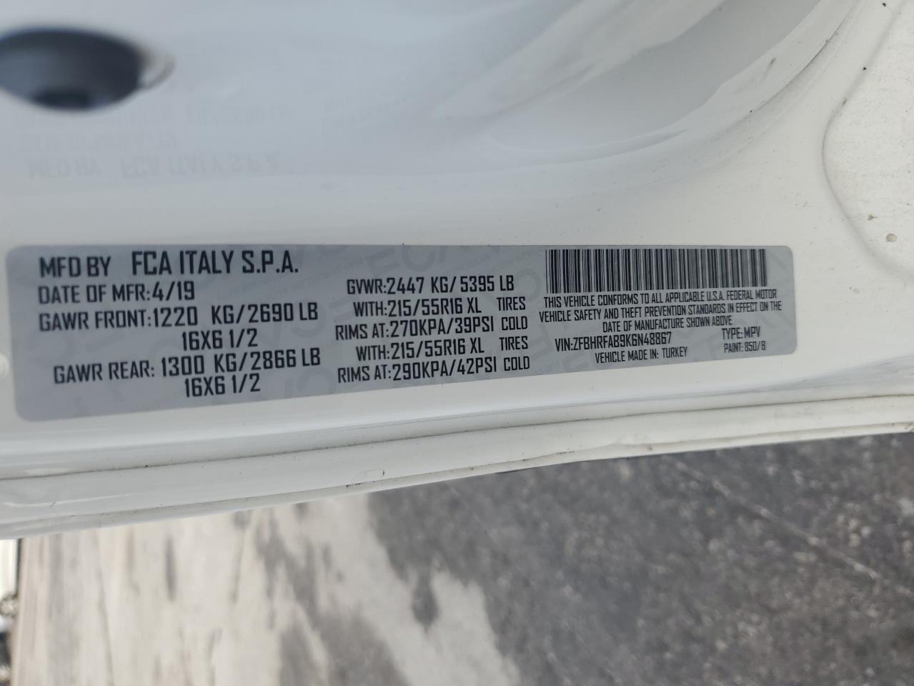 2019 Ram Promaster City VIN: ZFBHRFAB9K6N48867 Lot: 81483075