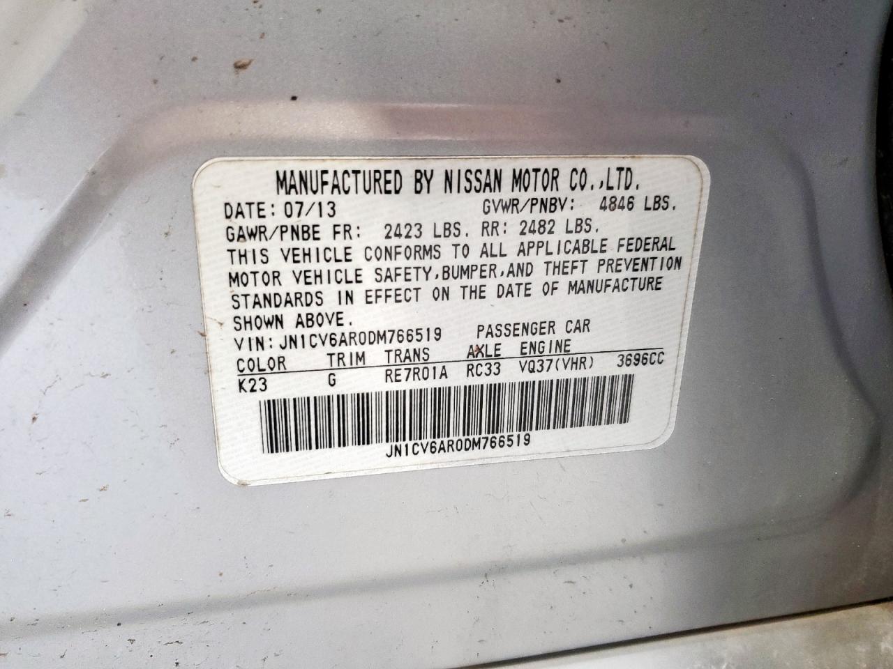 2013 Infiniti G37 VIN: JN1CV6AR0DM766519 Lot: 84794045