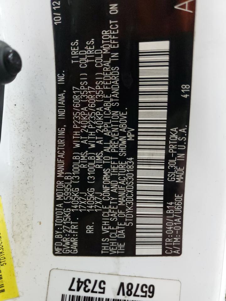 2013 Toyota Sienna Xle VIN: 5TDYK3DCXDS301834 Lot: 83844755