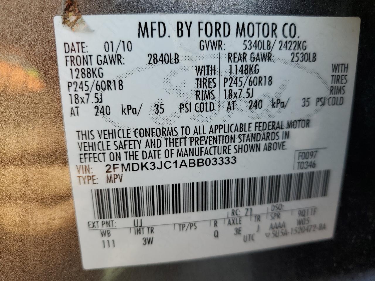 2010 Ford Edge Sel VIN: 2FMDK3JC1ABB03333 Lot: 80512805