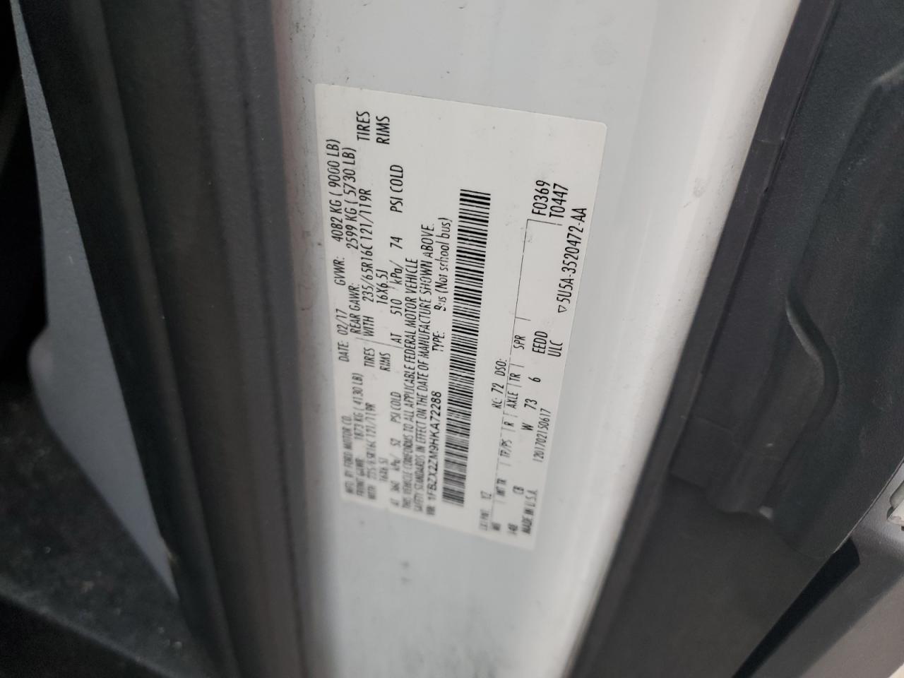 2017 Ford Transit T-350 VIN: 1FBZX2ZM9HKA72288 Lot: 82135885