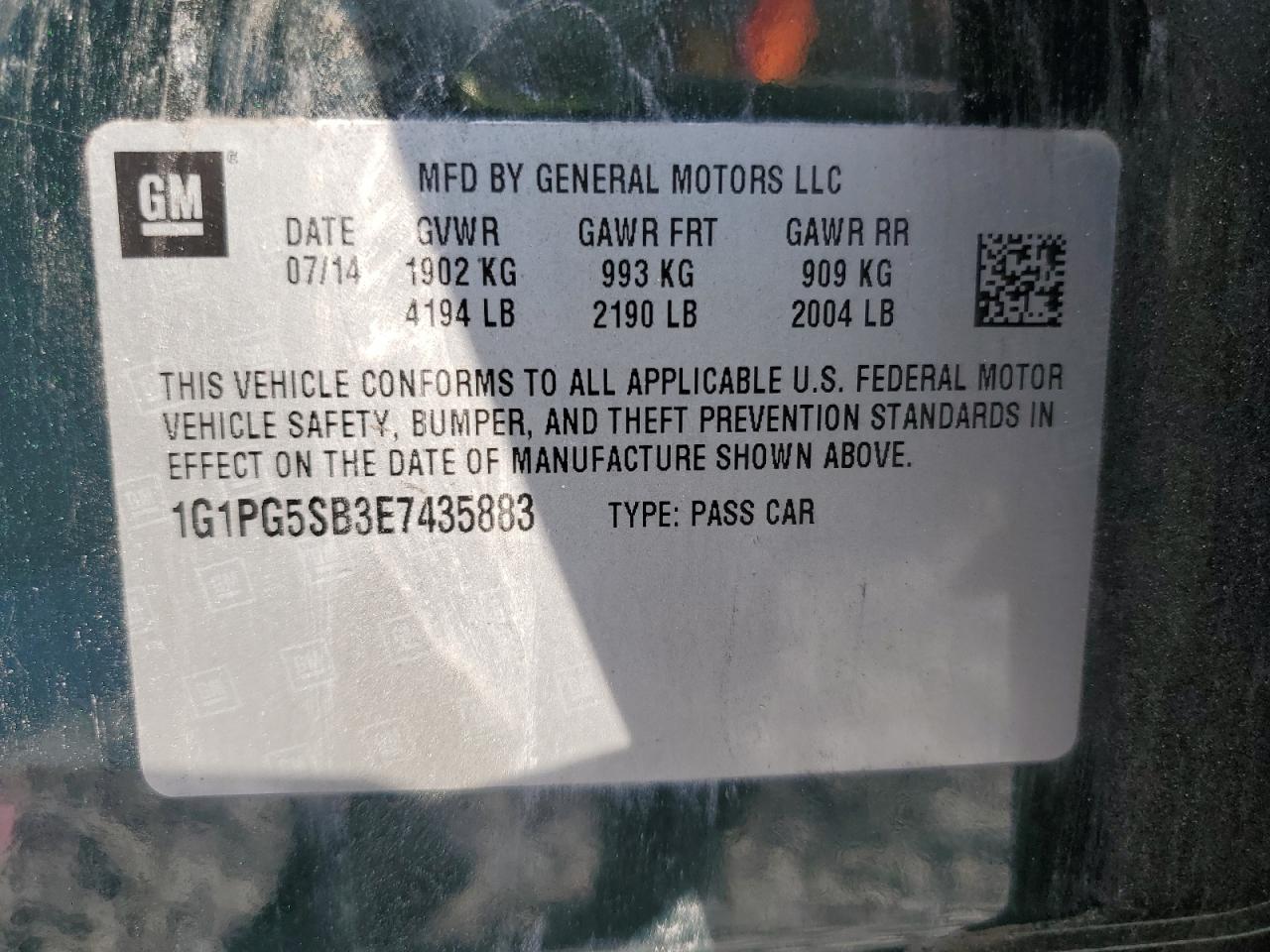2014 Chevrolet Cruze Ltz VIN: 1G1PG5SB3E7435883 Lot: 80995365