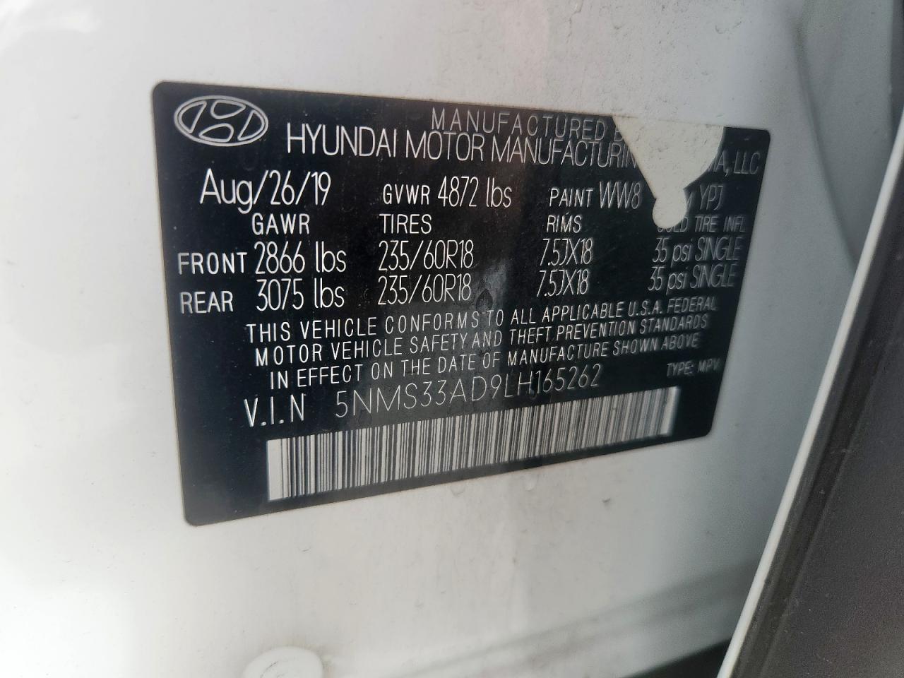 2020 Hyundai Santa Fe Sel VIN: 5NMS33AD9LH165262 Lot: 81792985