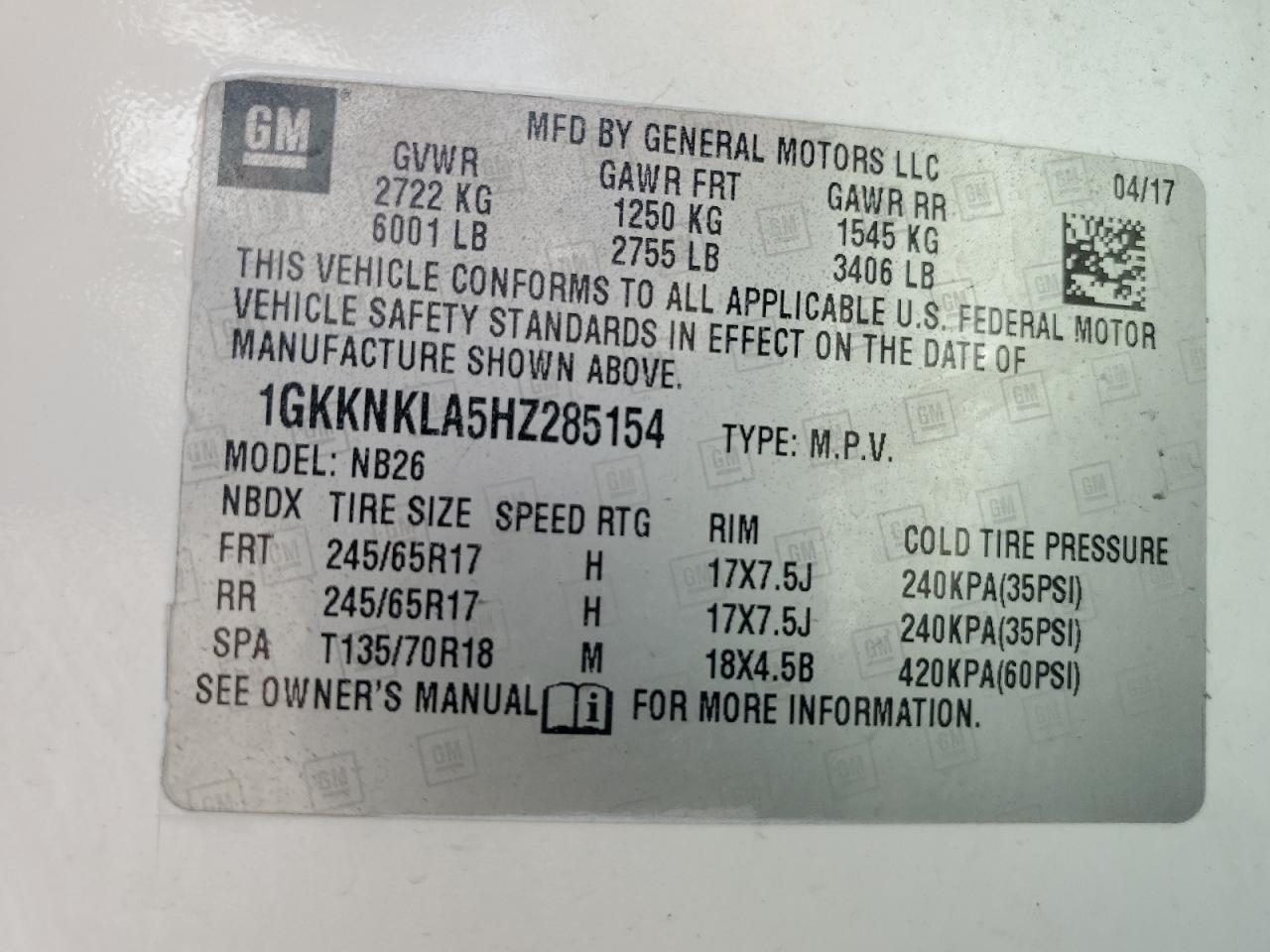 2017 GMC Acadia Sle VIN: 1GKKNKLA5HZ285154 Lot: 81055945