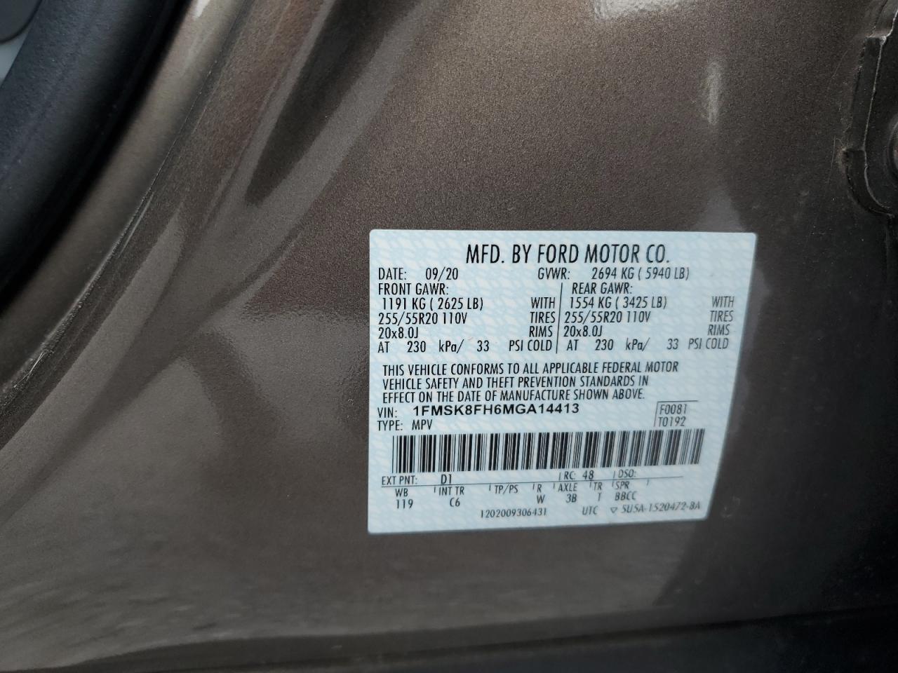 2021 Ford Explorer Limited VIN: 1FMSK8FH6MGA14413 Lot: 71562005