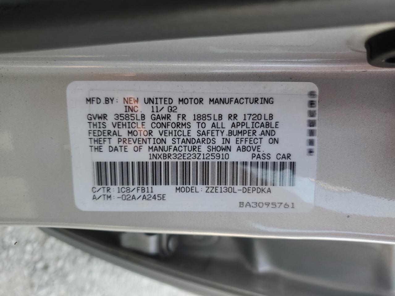 2003 Toyota Corolla Ce VIN: 1NXBR32E23Z125910 Lot: 71361225