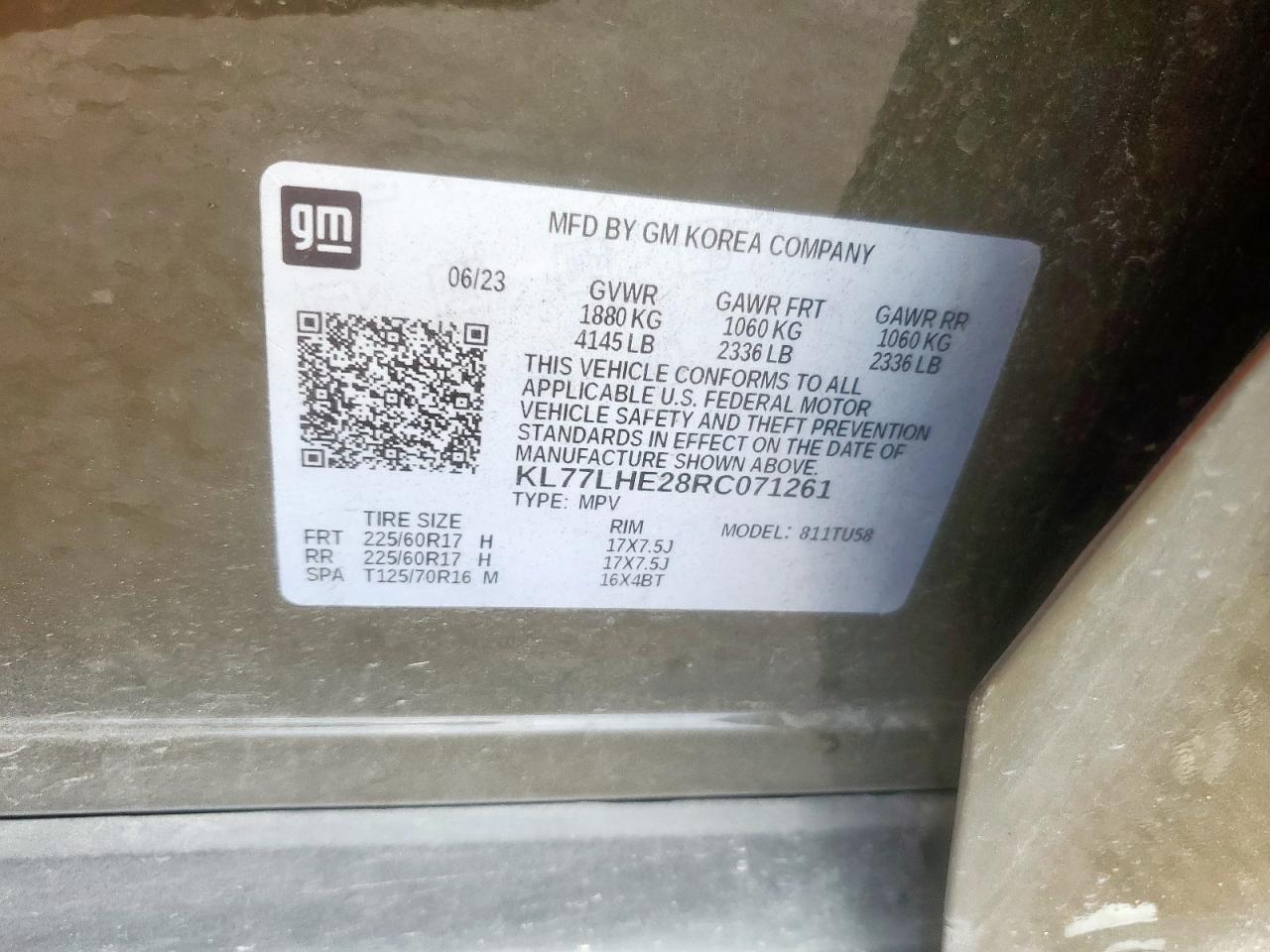 2024 Chevrolet Trax 1Lt VIN: KL77LHE28RC071261 Lot: 83816445