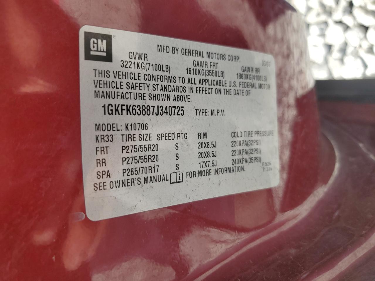 2007 GMC Yukon Denali VIN: 1GKFK63887J340725 Lot: 70422025