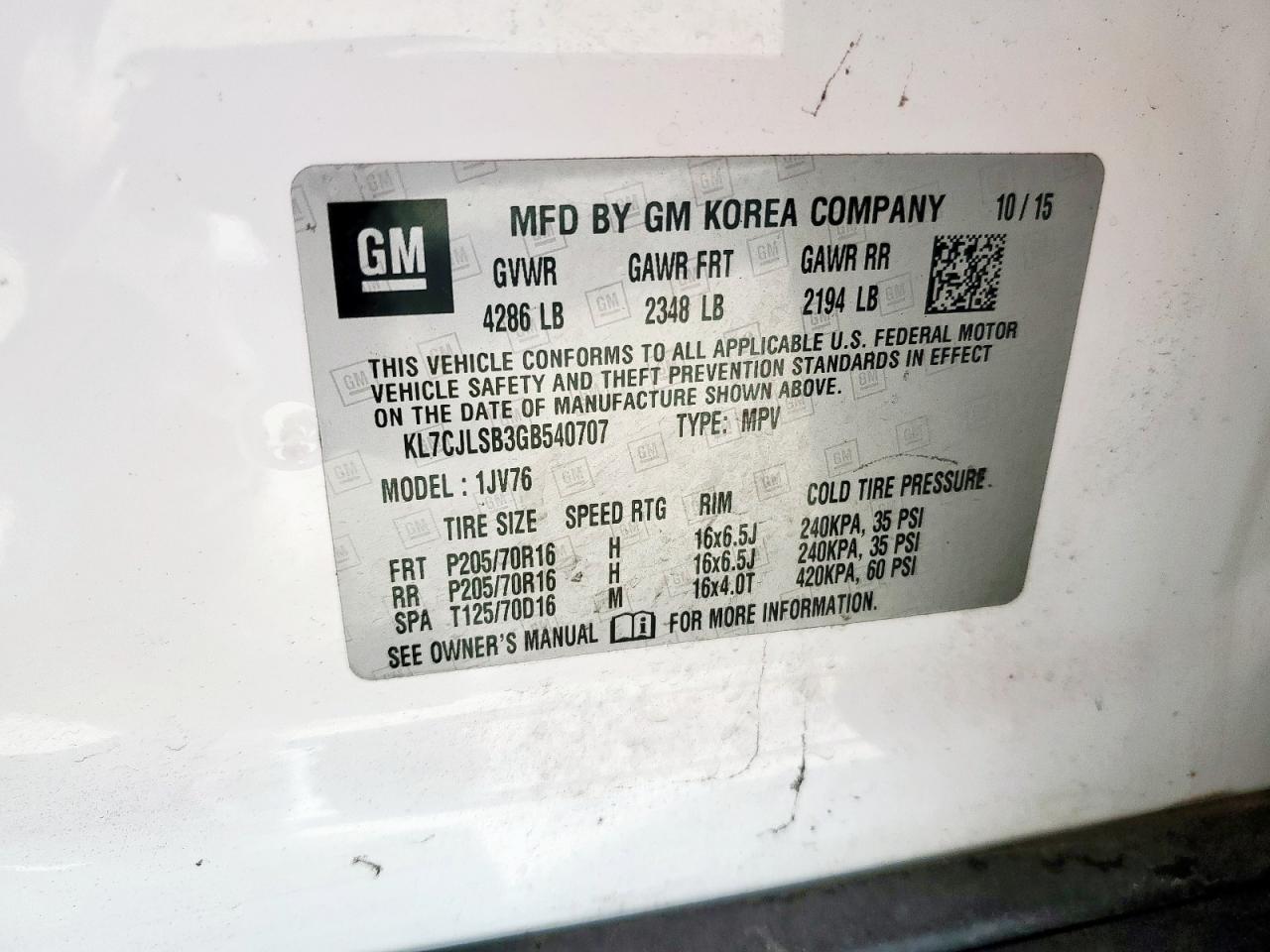 2016 Chevrolet Trax 1Lt VIN: KL7CJLSB3GB540707 Lot: 81881015