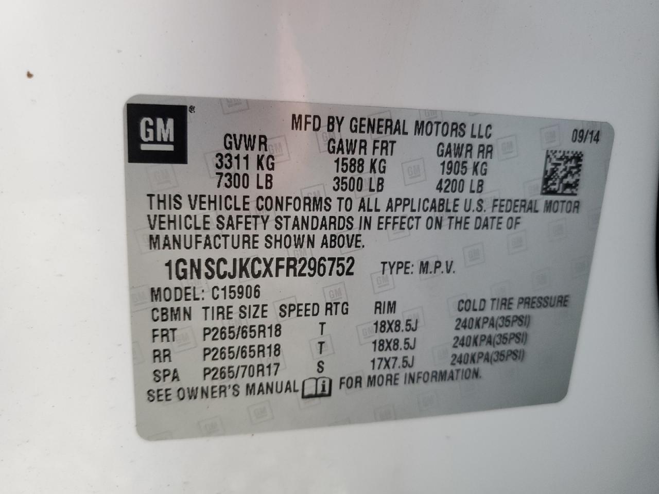 2015 Chevrolet Suburban C1500 Lt VIN: 1GNSCJKCXFR296752 Lot: 80719305